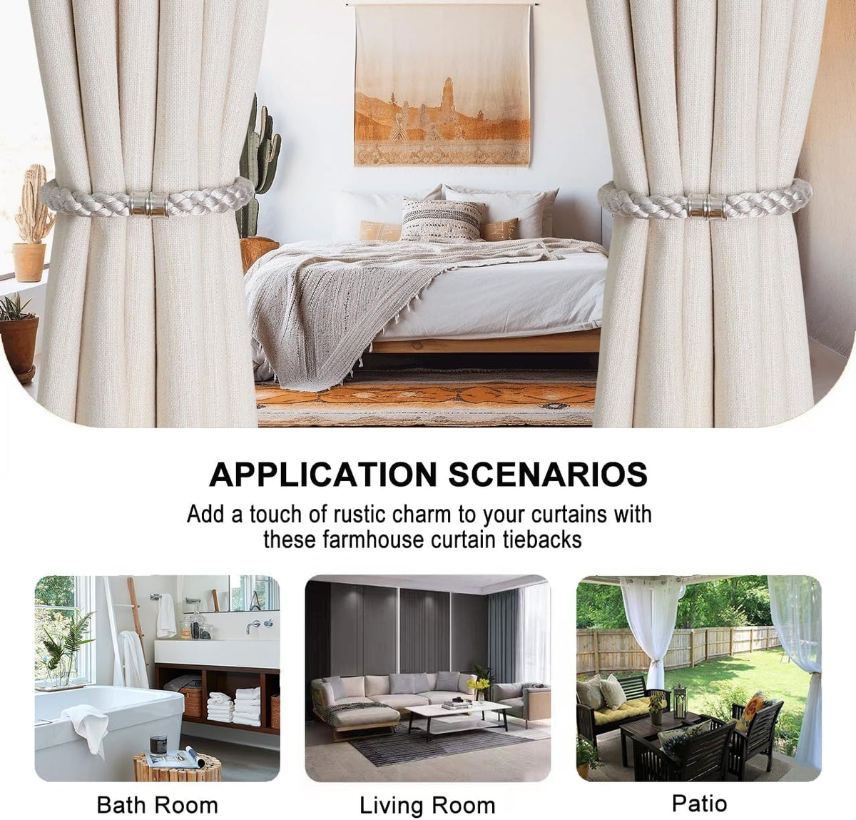 Magnetic Curtain Tiebacks, 2pcs Modern Handmade Rope Curtain Tie Backs Decorative Curtain Holdbacks Holders Cord for Window Sheer Drapes Indoor Outdoor, Grey