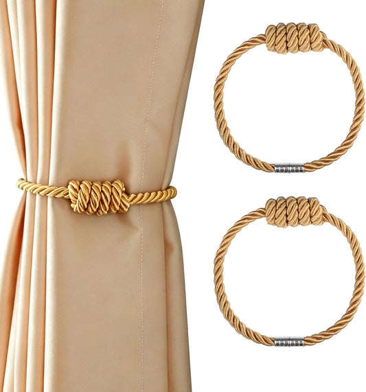 2 Pack Magnetic Curtain Tiebacks with Rope Knot(Gold,2P)