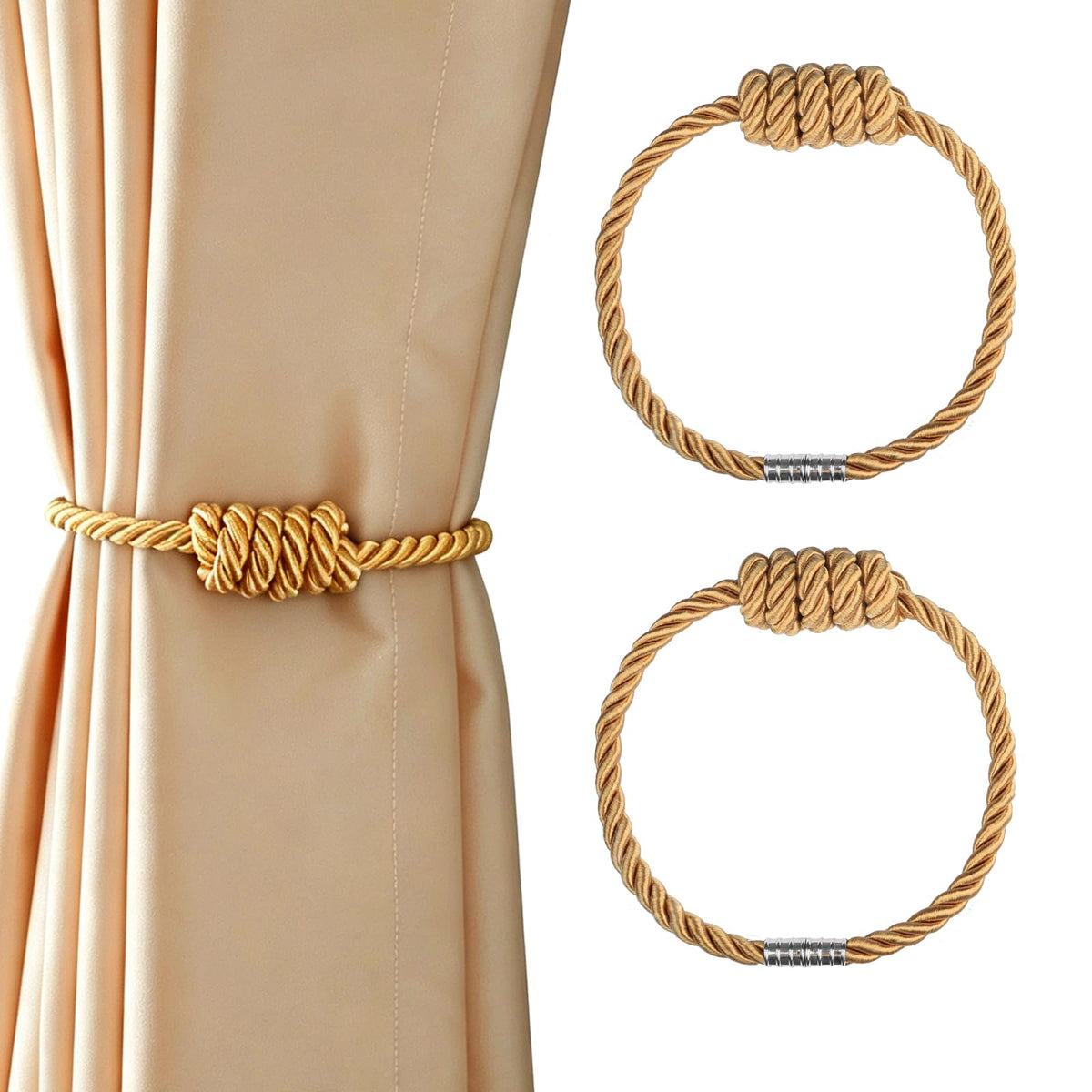2 Pack Magnetic Curtain Tiebacks with Rope Knot(Gold,2P)