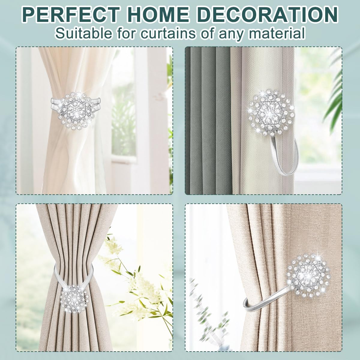 AULEEP Magnetic Curtain Tiebacks Crystal Curtain Ties Holdbacks, 4 Pack