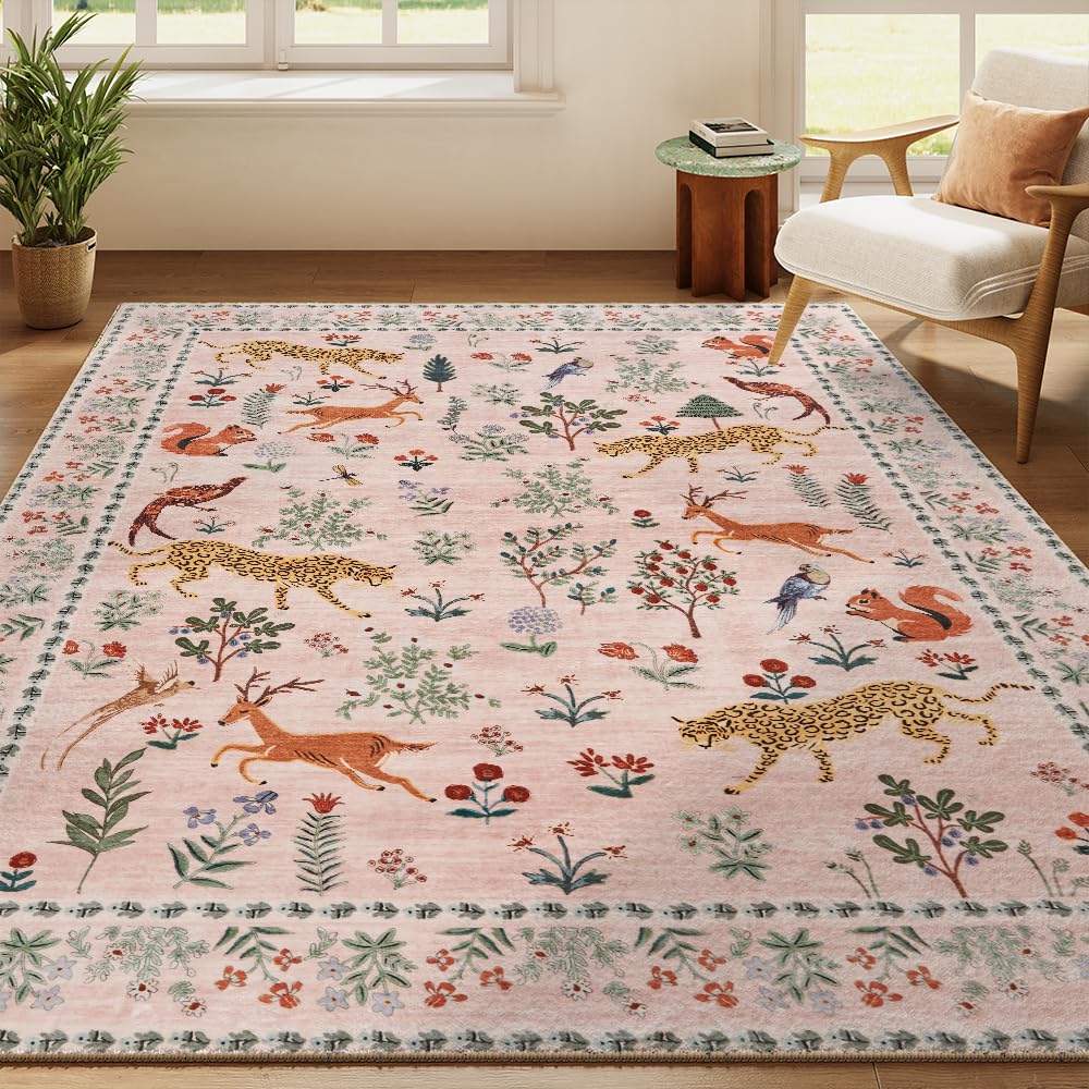 8x10 Reddish Brown Washable Area Rug for Living Room, Vintage Print