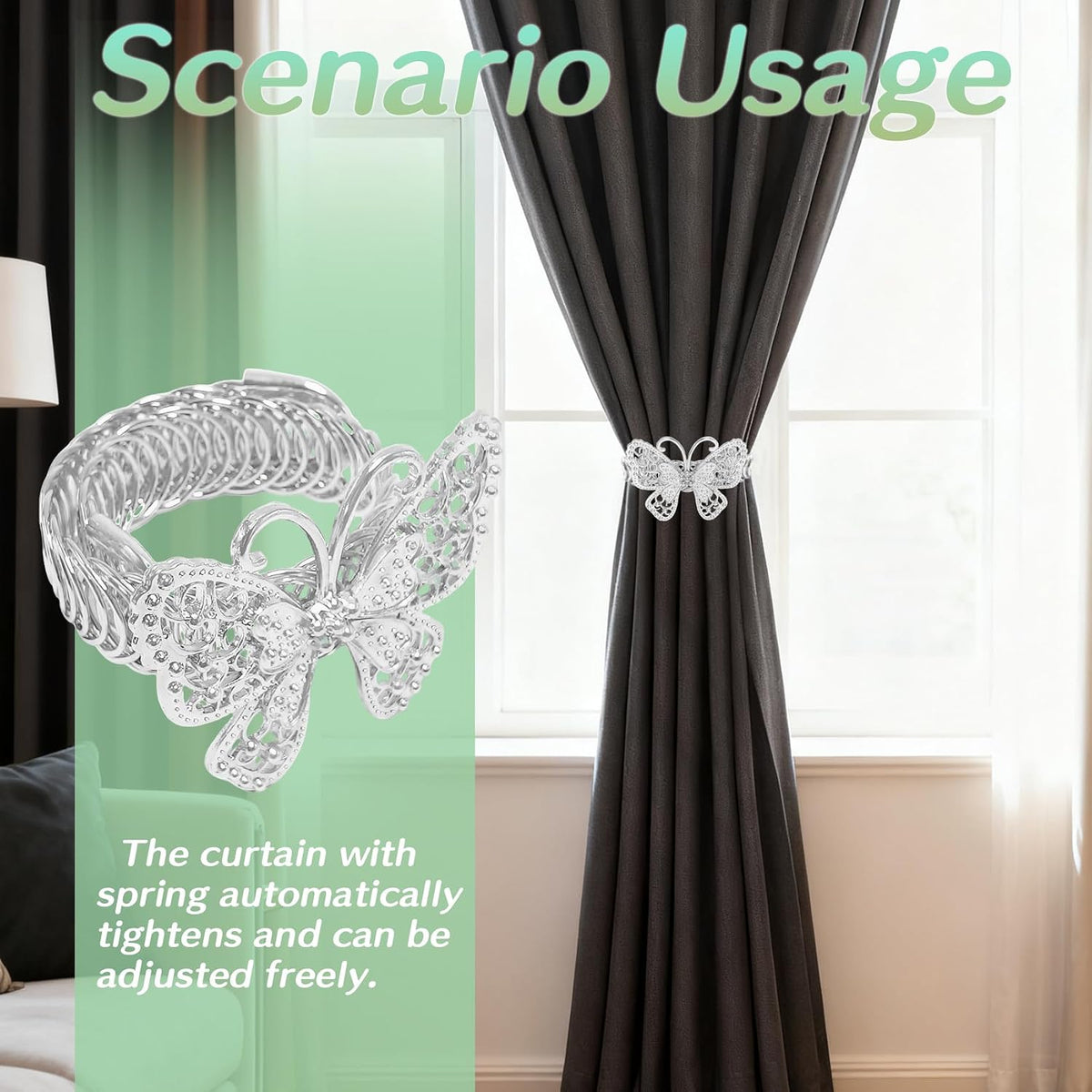 Butterfly Curtain Tiebacks 4 Pack, Gold Metal Curtain Holdbacks, Decorative Boho Curtain Tie Backs for Drapes, Self-Closing Window Curtain Holders for Home Office Cafe Balcony (Silver)