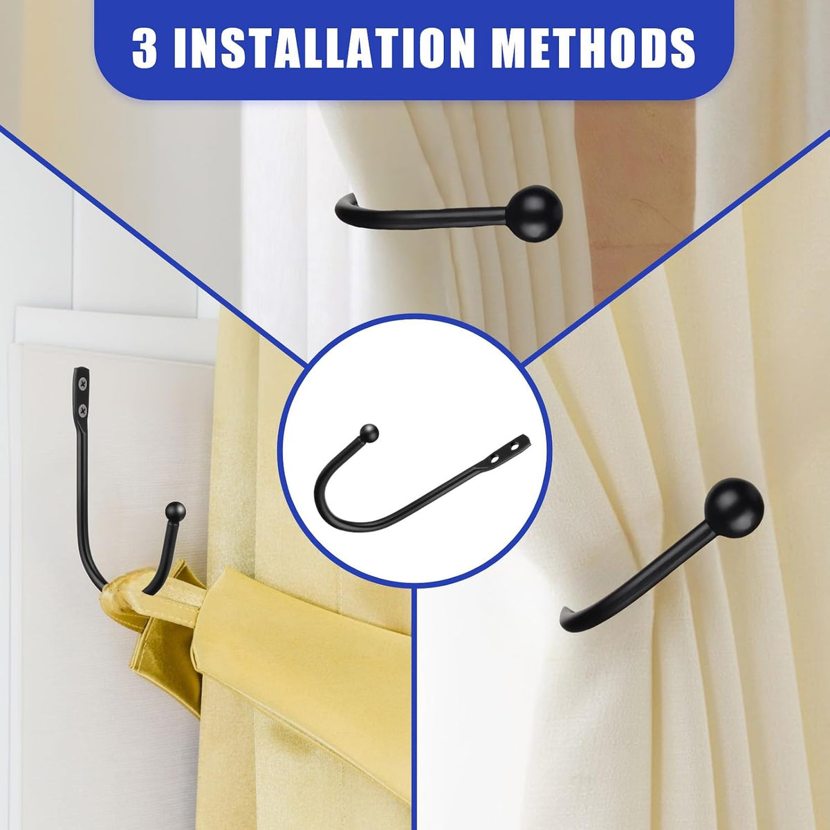 12PCS Curtain Tie Back Hooks, Metal Curtain Holdbacks Side Tiebacks Wall Mounted with Screws, Black