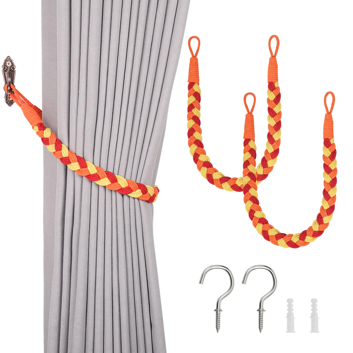 NICEEC 2 Pack Natural Cotton Rope Curtain Tiebacks Elegant Boho Style Decorative Drape Tie Backs Soft Hand-Woven Rope Curtain Holdbacks with Metal Hook for Home & Office Drapery (Coffee)