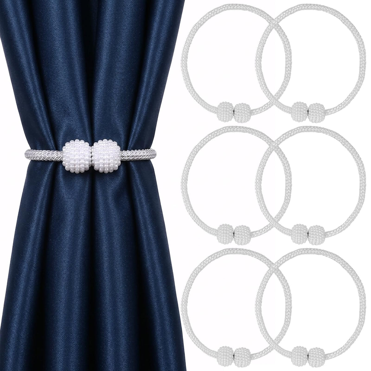 6 Pack Grey Magnetic Curtain Tiebacks with Decorative Pearl, 18.9 inch Curtain Holdbacks for Drapes, Strong Magnet Curtain Holders for Window Treatments, Home and Office Decor