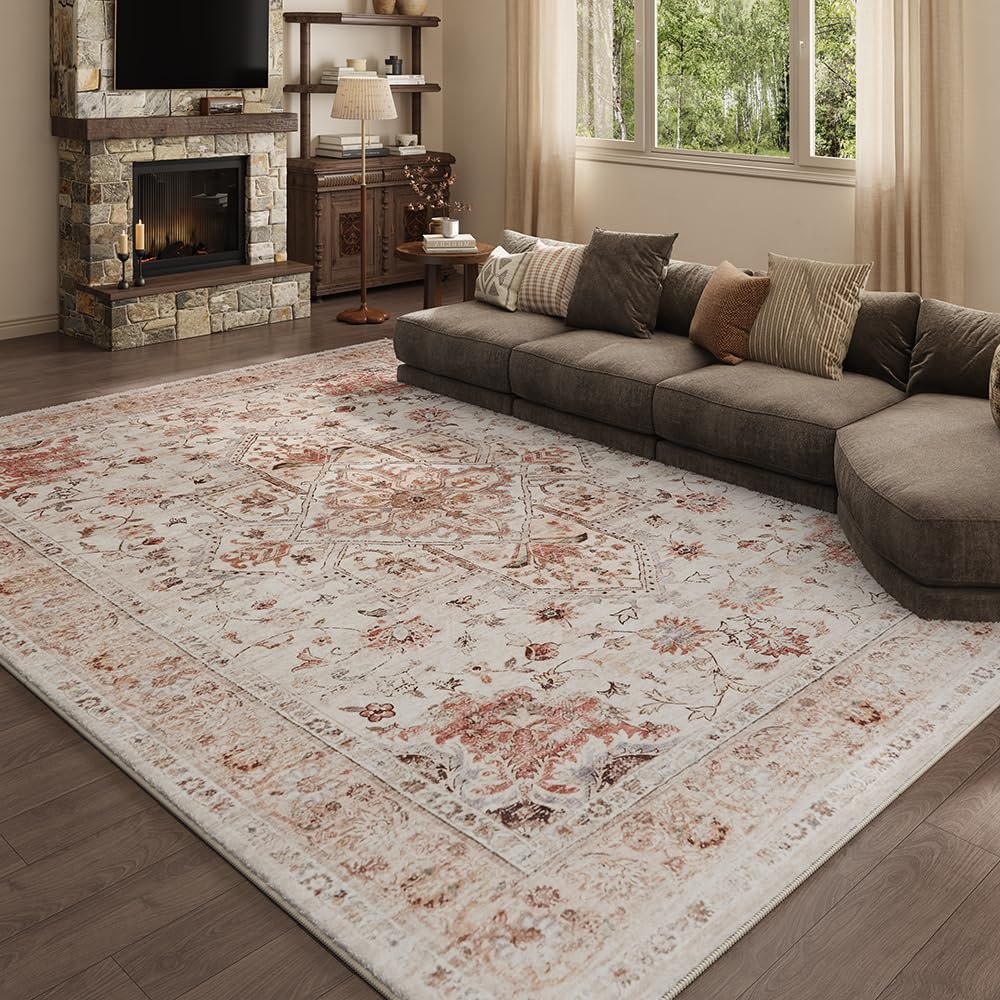 8x10 Reddish Brown Washable Area Rug for Living Room, Vintage Print