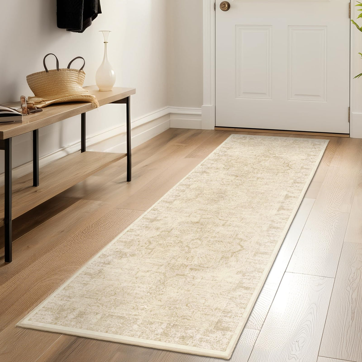 Vintage Distressed 5x7 Area Rugs for Living Room Bedroom Non Slip Washable, Medallion Pattern Printed Low Pile Thin Carpet Rugs for Dining Room/Kitchen/Home Office, Multi Brown Olive Accents