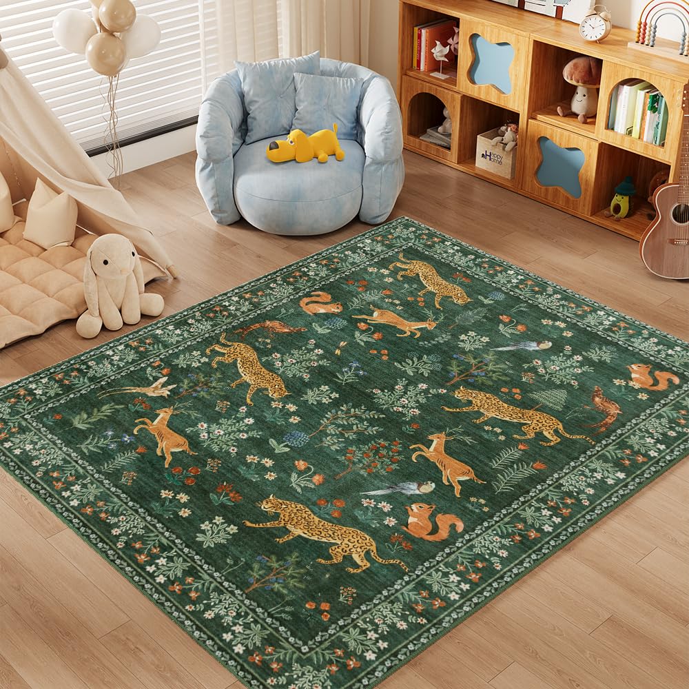 8x10 Reddish Brown Washable Area Rug for Living Room, Vintage Print