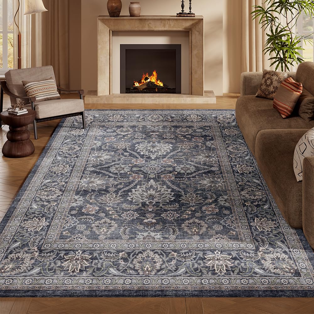 8x10 Reddish Brown Washable Area Rug for Living Room, Vintage Print