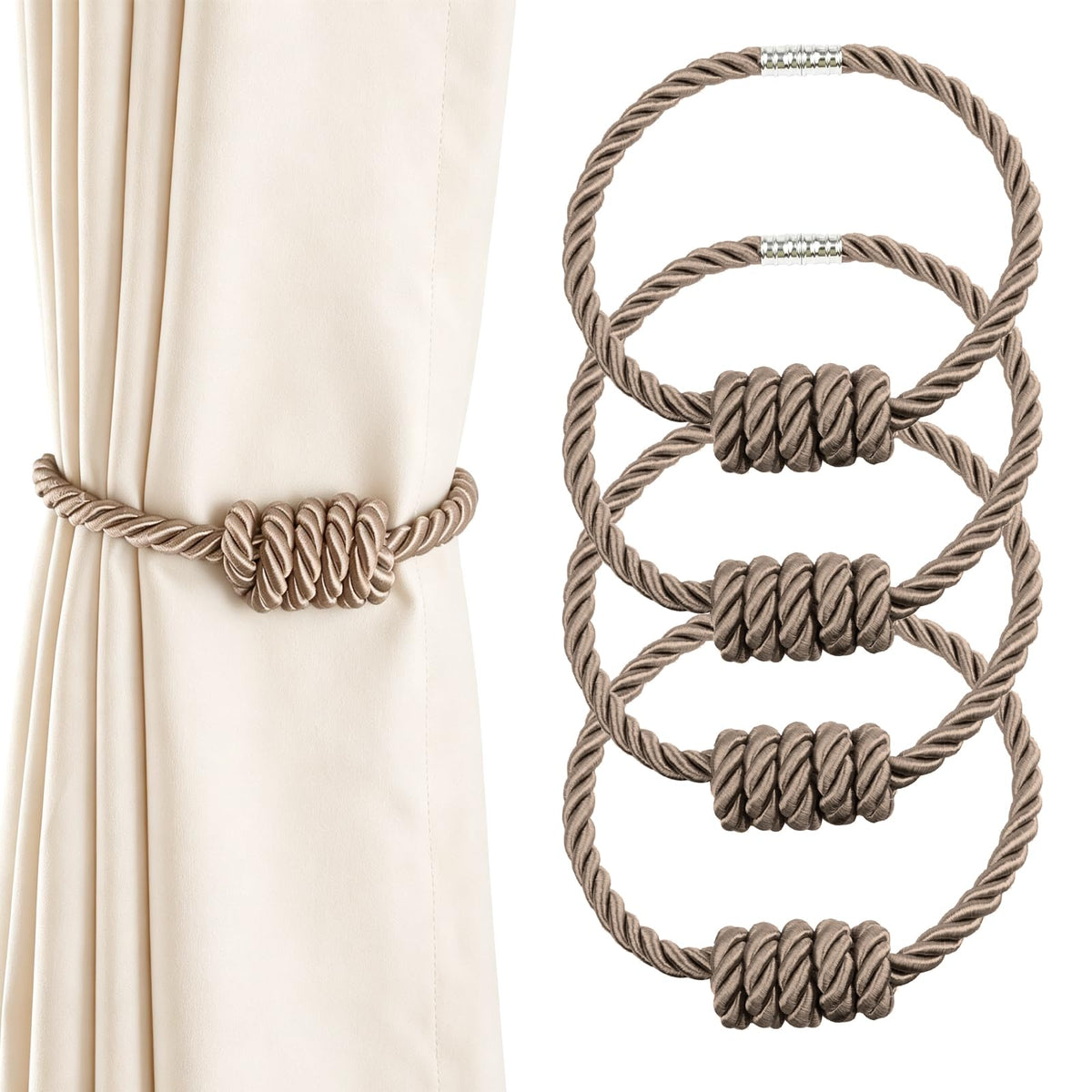 2 Pack Magnetic Curtain Tiebacks with Rope Knot(Gold,2P)