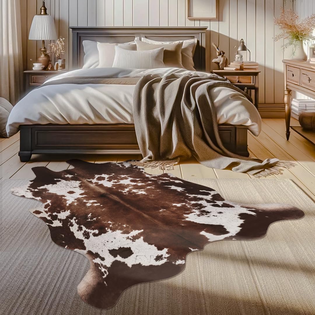 Faux Cowhide Cow Print Rug, Animal Hide Western Decor, 4.6 x 5.2 Feet