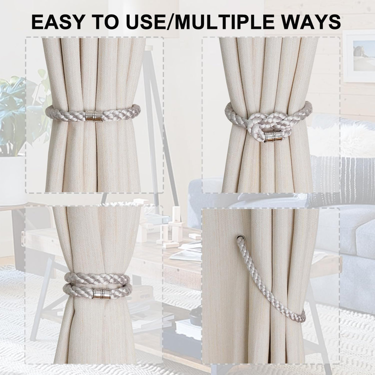 Magnetic Curtain Tiebacks, 2pcs Modern Handmade Rope Curtain Tie Backs Decorative Curtain Holdbacks Holders Cord for Window Sheer Drapes Indoor Outdoor, Grey