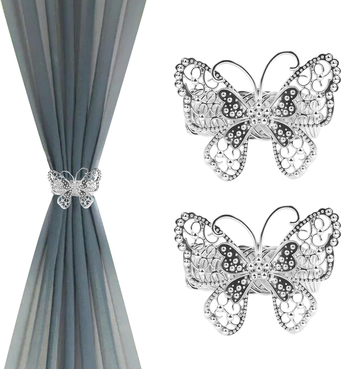 Silver Butterfly Curtain Tiebacks No-Drill, 2 Packs