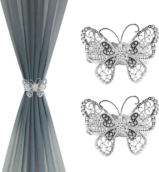Silver Butterfly Curtain Tiebacks No-Drill, 2 Packs
