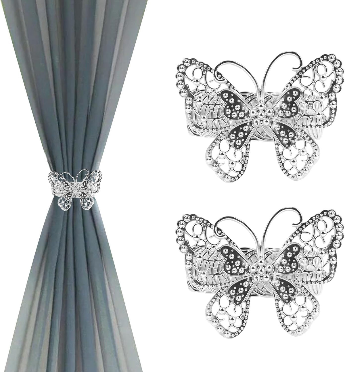 Silver Butterfly Curtain Tiebacks No-Drill, 2 Packs