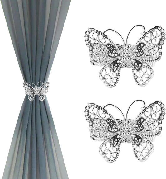 Silver Butterfly Curtain Tiebacks No-Drill, 2 Packs