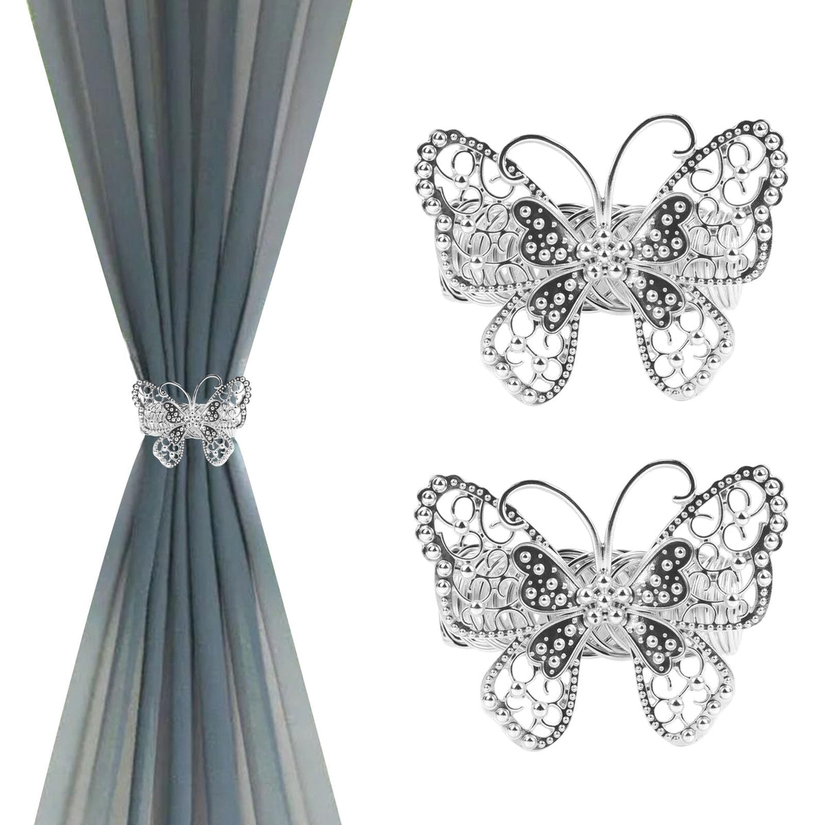 Silver Butterfly Curtain Tiebacks No-Drill, 2 Packs