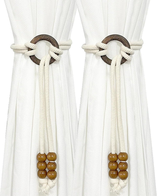 2pcs Wooden Bead Curtain Tiebacks,Bohemian Curtain Clasp, Curtain Tiebacks No Hole Punching Decorative for Bedroom Window Treatment (Coffee Color)