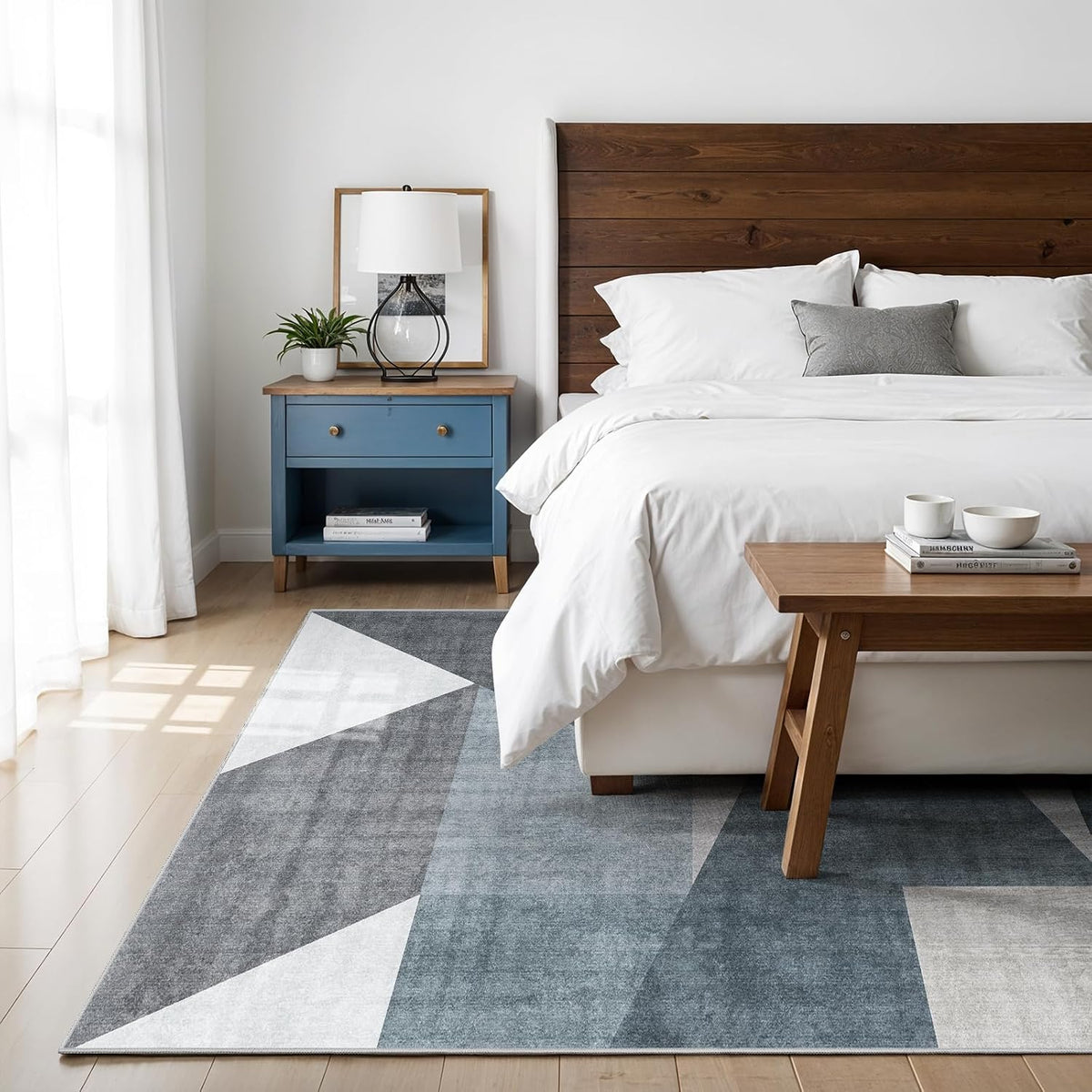 5x7 Washable Area Rug for Living Room - Non-Slip Geometric Rugs Blue Grey