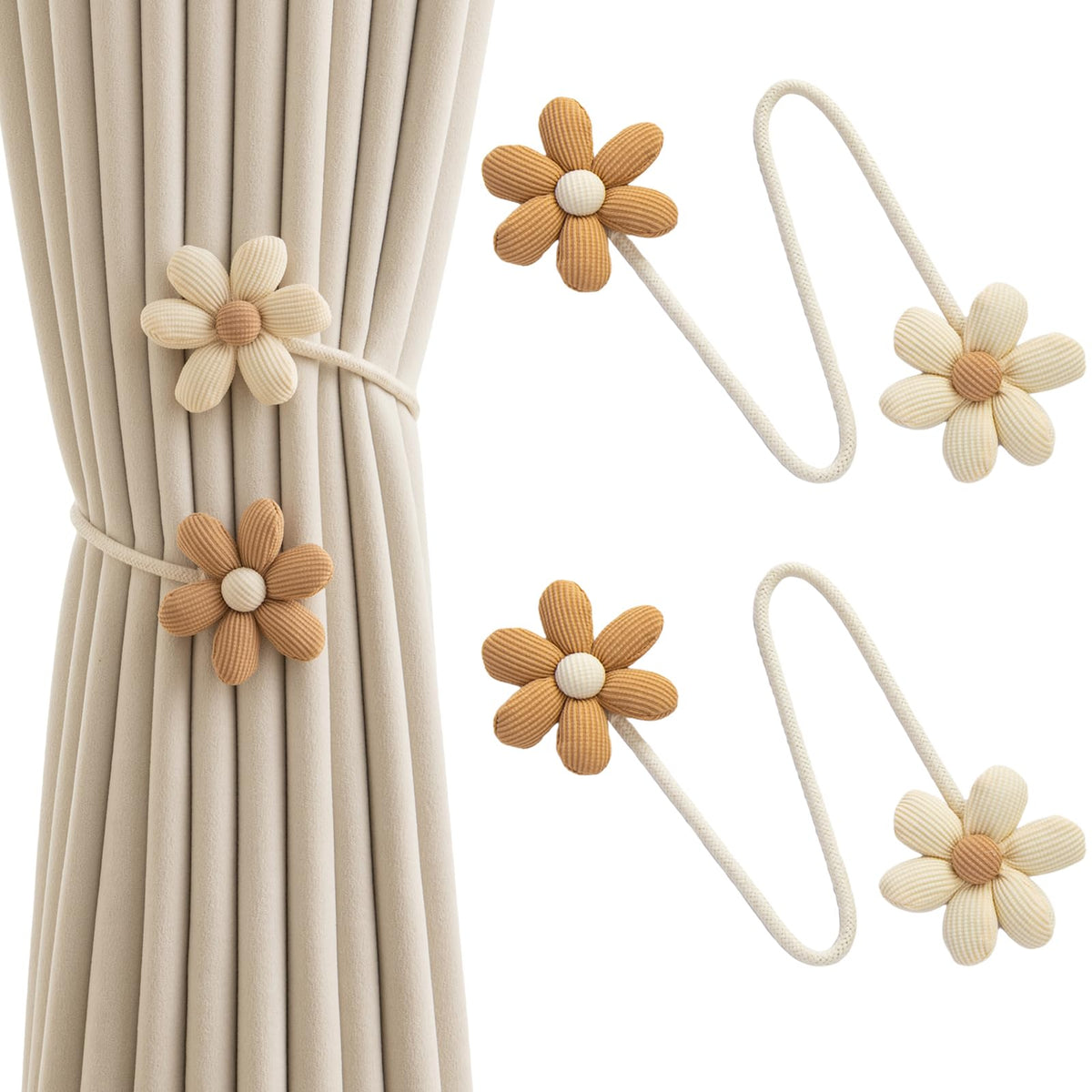 Bendable Curtain Tiebacks, Rope Tie Backs Curtains with Floral Design, 2Pack Elegant DIY Curtain Holdbacks, Decorative Window Holder for Bedroom Decor, Heronsbill