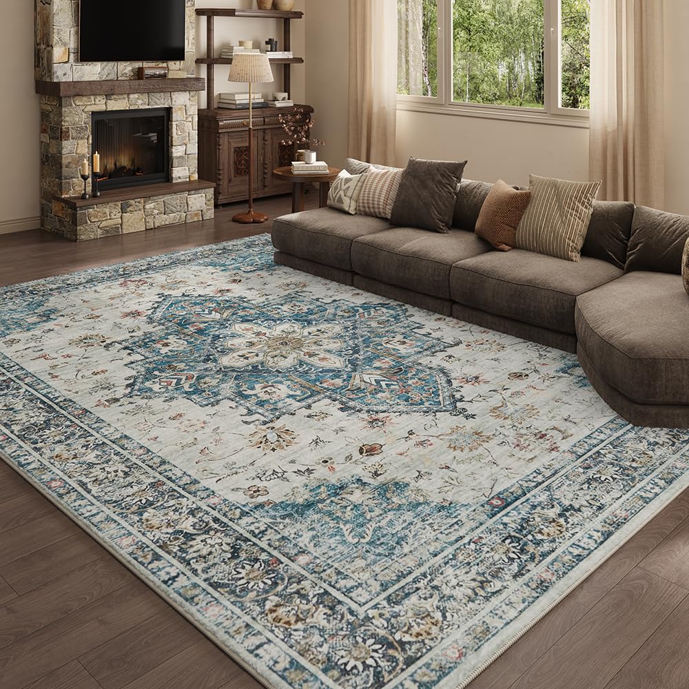 8x10 Reddish Brown Washable Area Rug for Living Room, Vintage Print