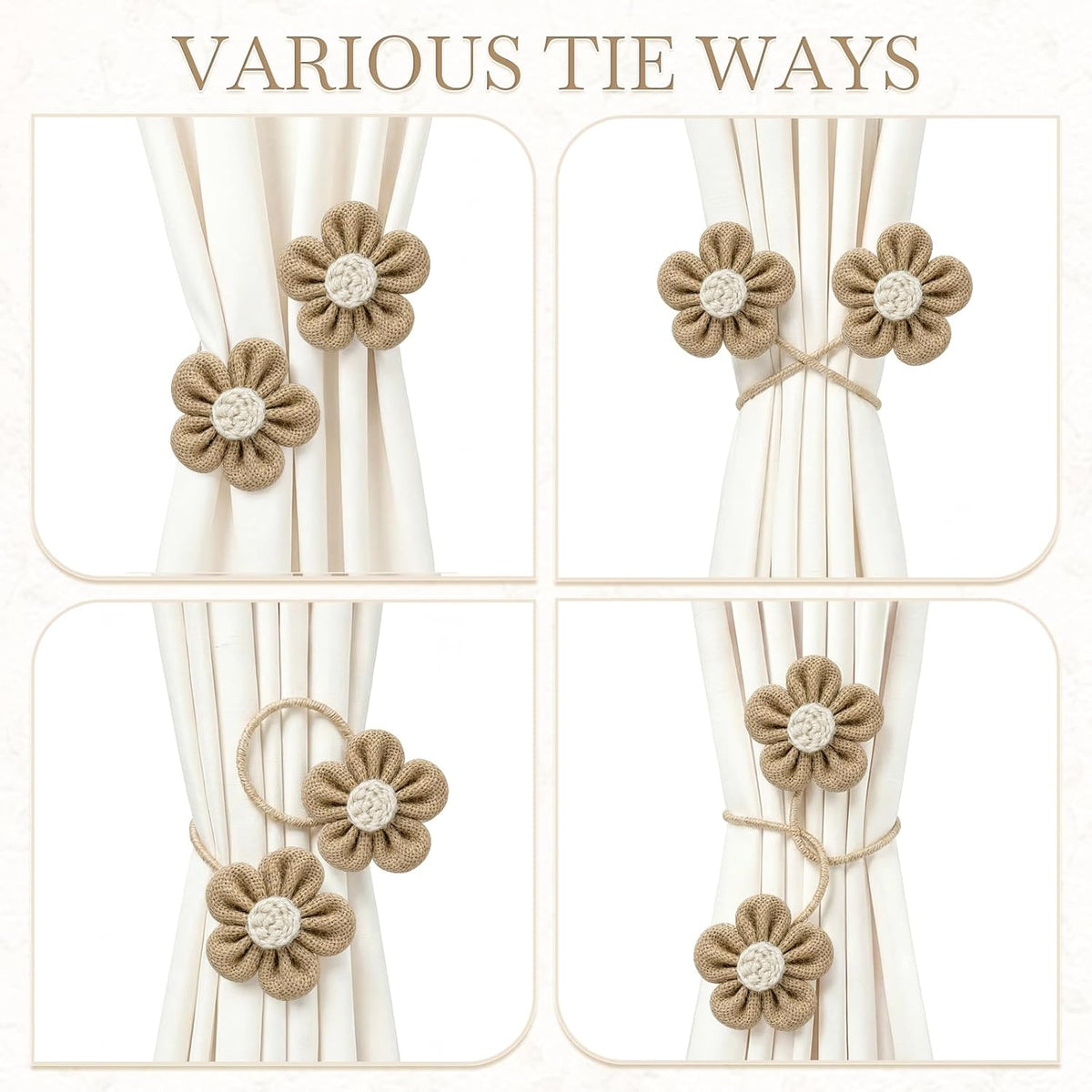 VIS'V Curtain Tiebacks, Twisted Boho Curtain Holdbacks, Khaki, 2 Pcs