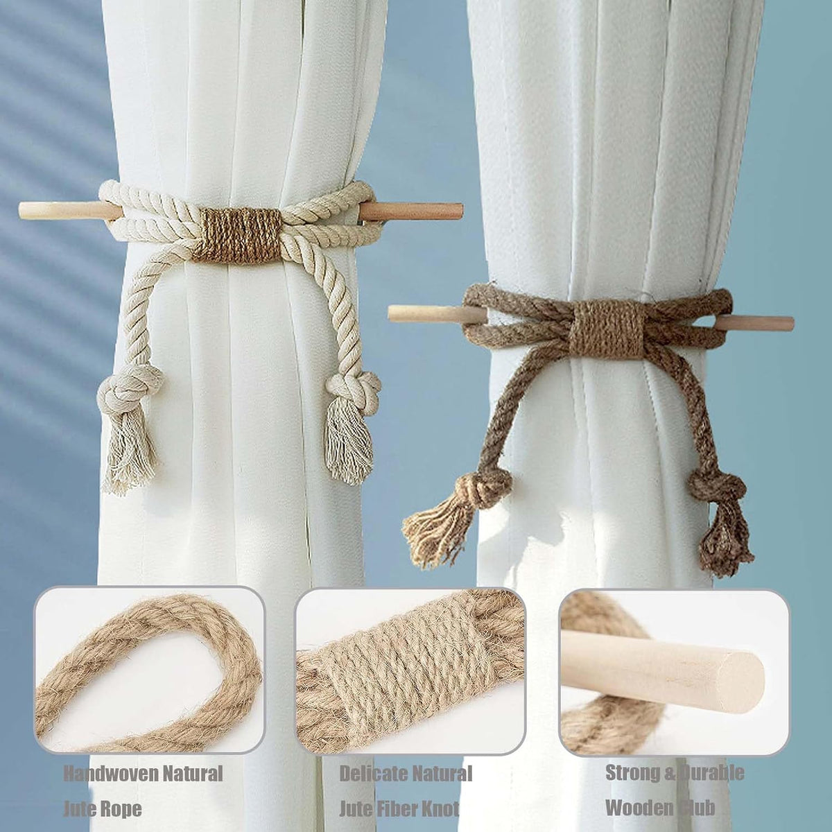 Curtain Tiebacks Rustic Holdbacks for Drapes(2 Pack), Farmhouse Curtain Holdbacks, Jute Rope with Wood Club, Natural Boho Chic Decor Drapery Holder