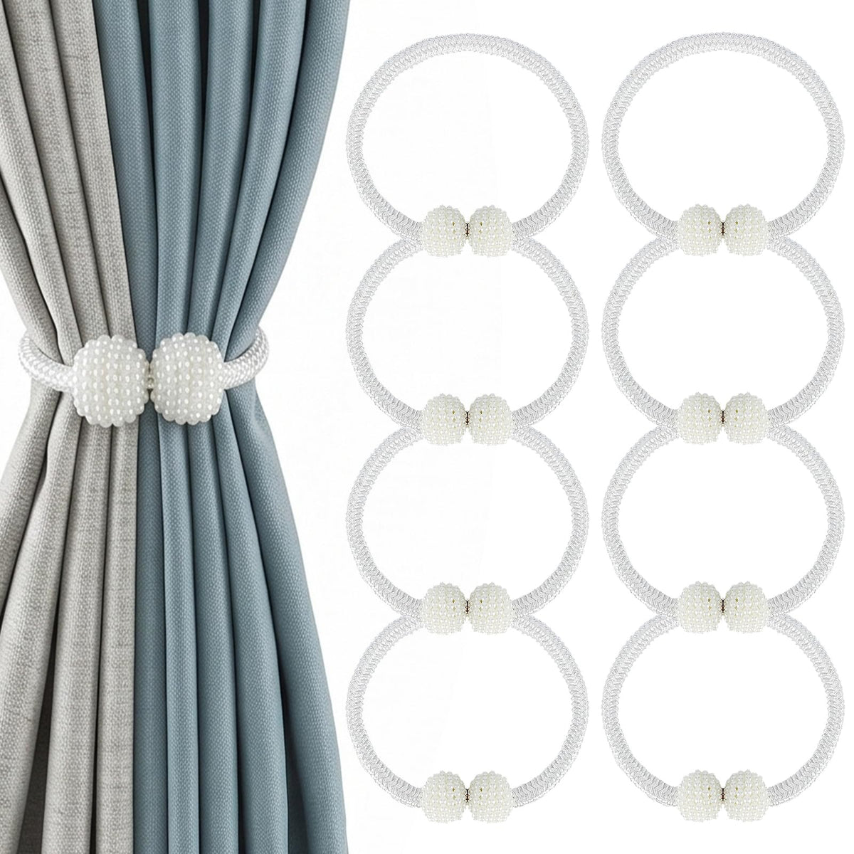 8 Pack Magnetic Curtain Tiebacks with Pearls,Modern Curtain Holdbacks Strap