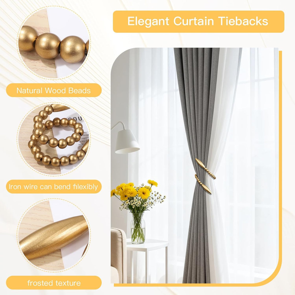 Wood Bead Curtain Tiebacks 2 Pack, No Drill Curtain Holdbacks, Gold