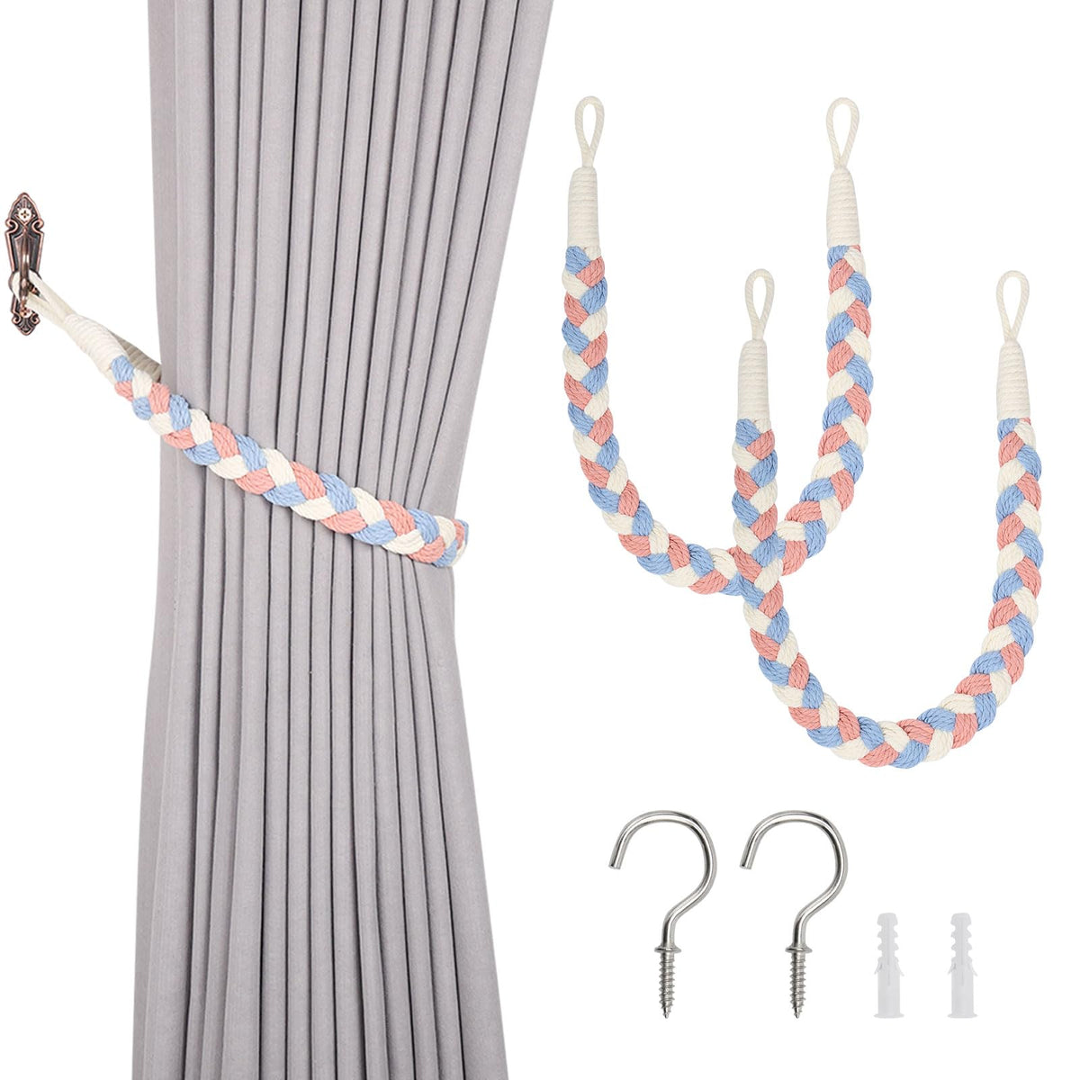 NICEEC 2 Pack Natural Cotton Rope Curtain Tiebacks Elegant Boho Style Decorative Drape Tie Backs Soft Hand-Woven Rope Curtain Holdbacks with Metal Hook for Home & Office Drapery (Coffee)