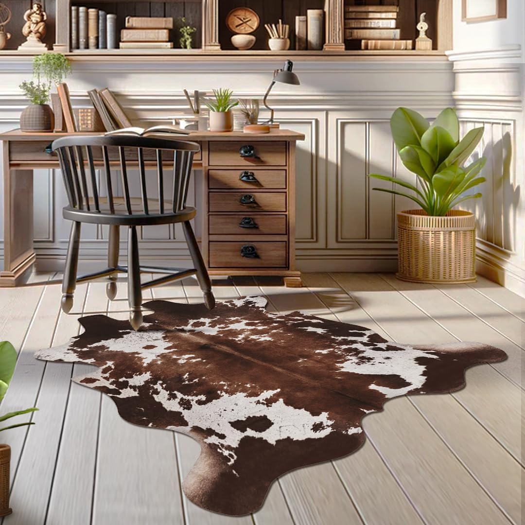 Faux Cowhide Cow Print Rug, Animal Hide Western Decor, 4.6 x 5.2 Feet