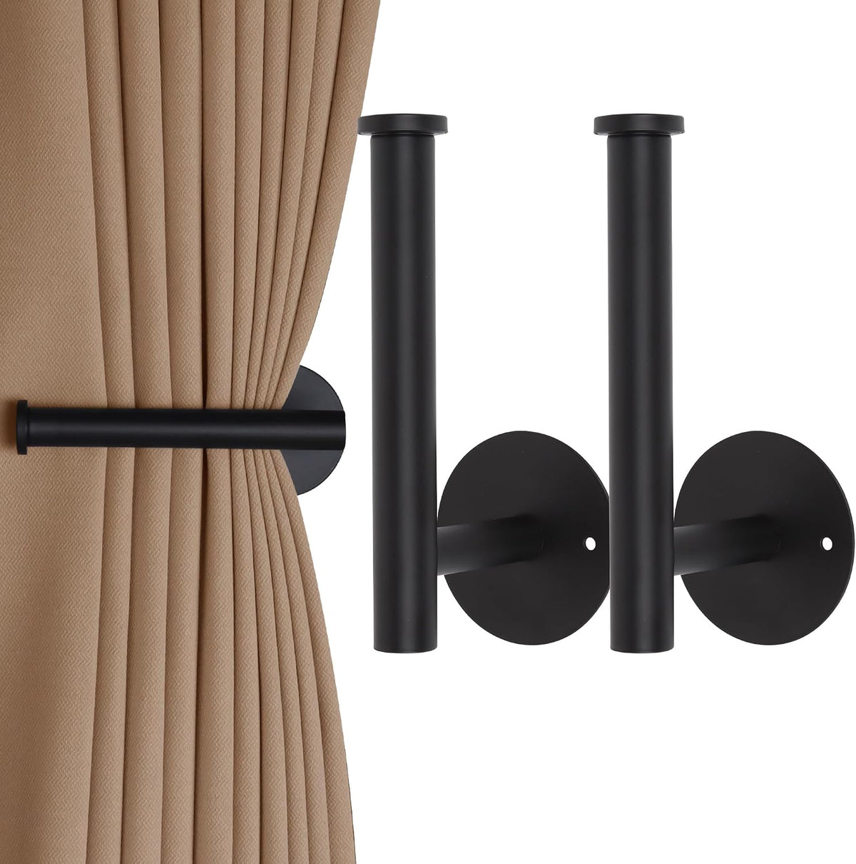 Groleca 2 Pack Curtain Holdbacks No Drill Curtain Tiebacks Self-Adhesive/Screw-in Curtain Holdbacks Curtain Pull Backs Curtain Hooks Curtain Holders Curtain Tie Backs for Curtains (2, Black)