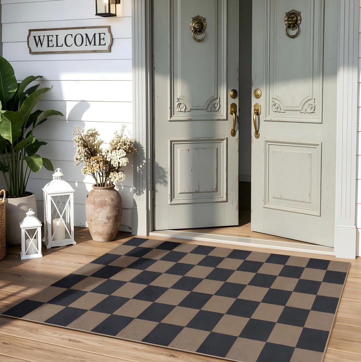 Lahome Checkered Easy Jute 5x7 Area Rugs, Washable Outdoor Patio Rug for Living Room Diamond Indoor Outdoor Carpet, Farmhouse Geometric Non Slip Black Carpet for Backyard Dining Room
