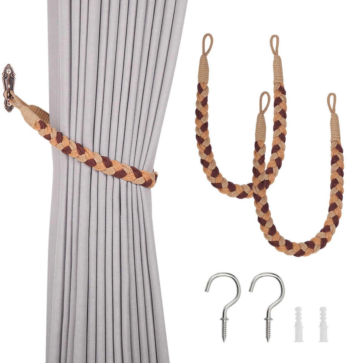 NICEEC 2 Pack Natural Cotton Rope Curtain Tiebacks Elegant Boho Style Decorative Drape Tie Backs Soft Hand-Woven Rope Curtain Holdbacks with Metal Hook for Home & Office Drapery (Coffee)