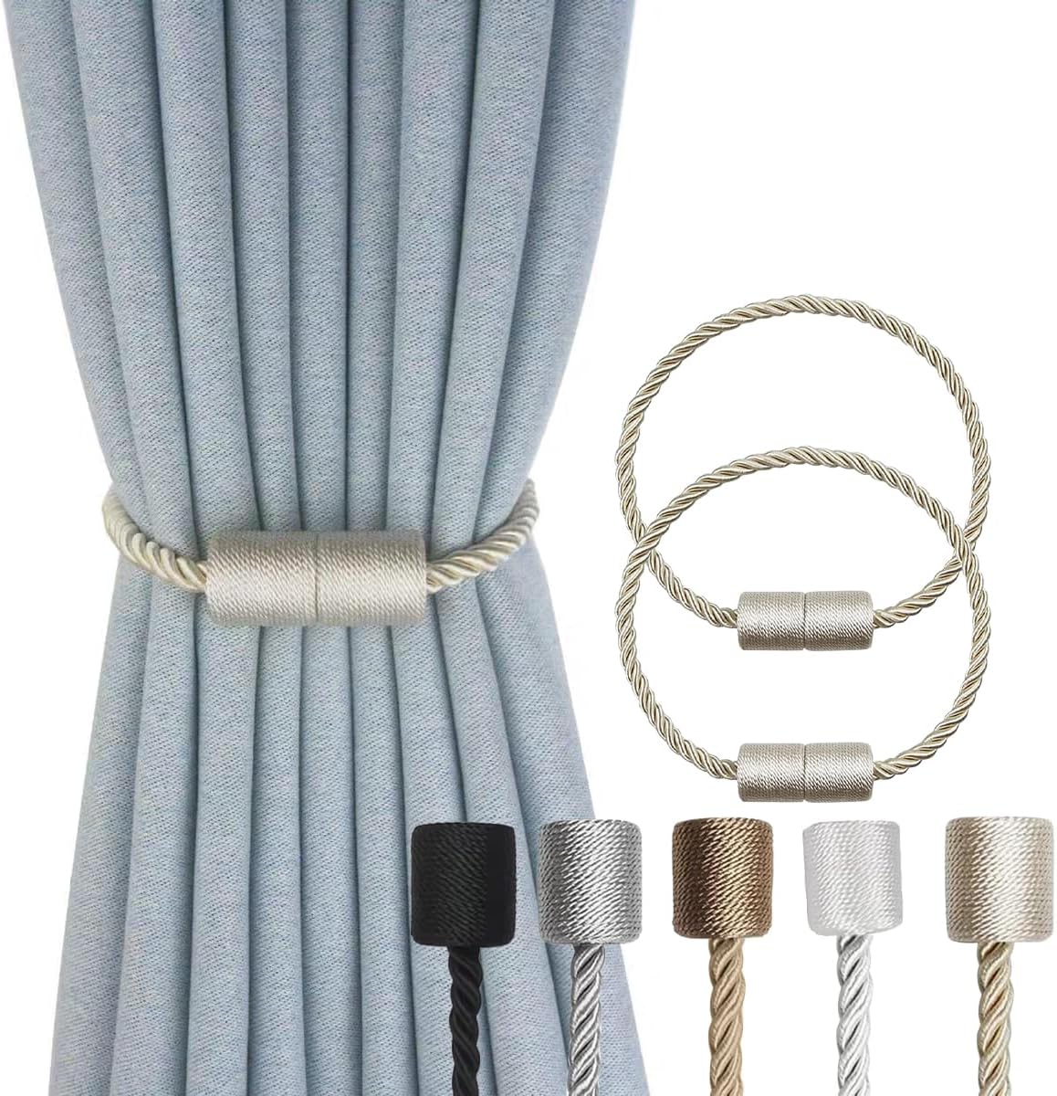 2 Pack Magnetic Curtain Tiebacks Modern Handmade Rope Curtain Tie Backs Decorative Drapes Holdbacks for Home Outdoor Bedroom Decorative Curtain (Beige)