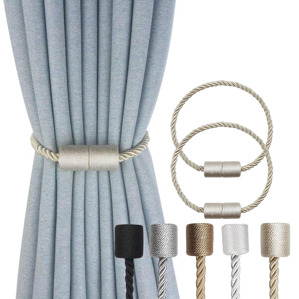 2 Pack Magnetic Curtain Tiebacks Modern Handmade Rope Curtain Tie Backs Decorative Drapes Holdbacks for Home Outdoor Bedroom Decorative Curtain (Beige)