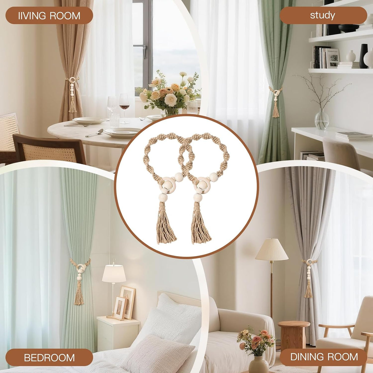 Macrame Curtain Tiebacks with Wooden Beads, Jute Rope Boho Holdbacks with Tassels, Natural Beige, 4-PCS (4)