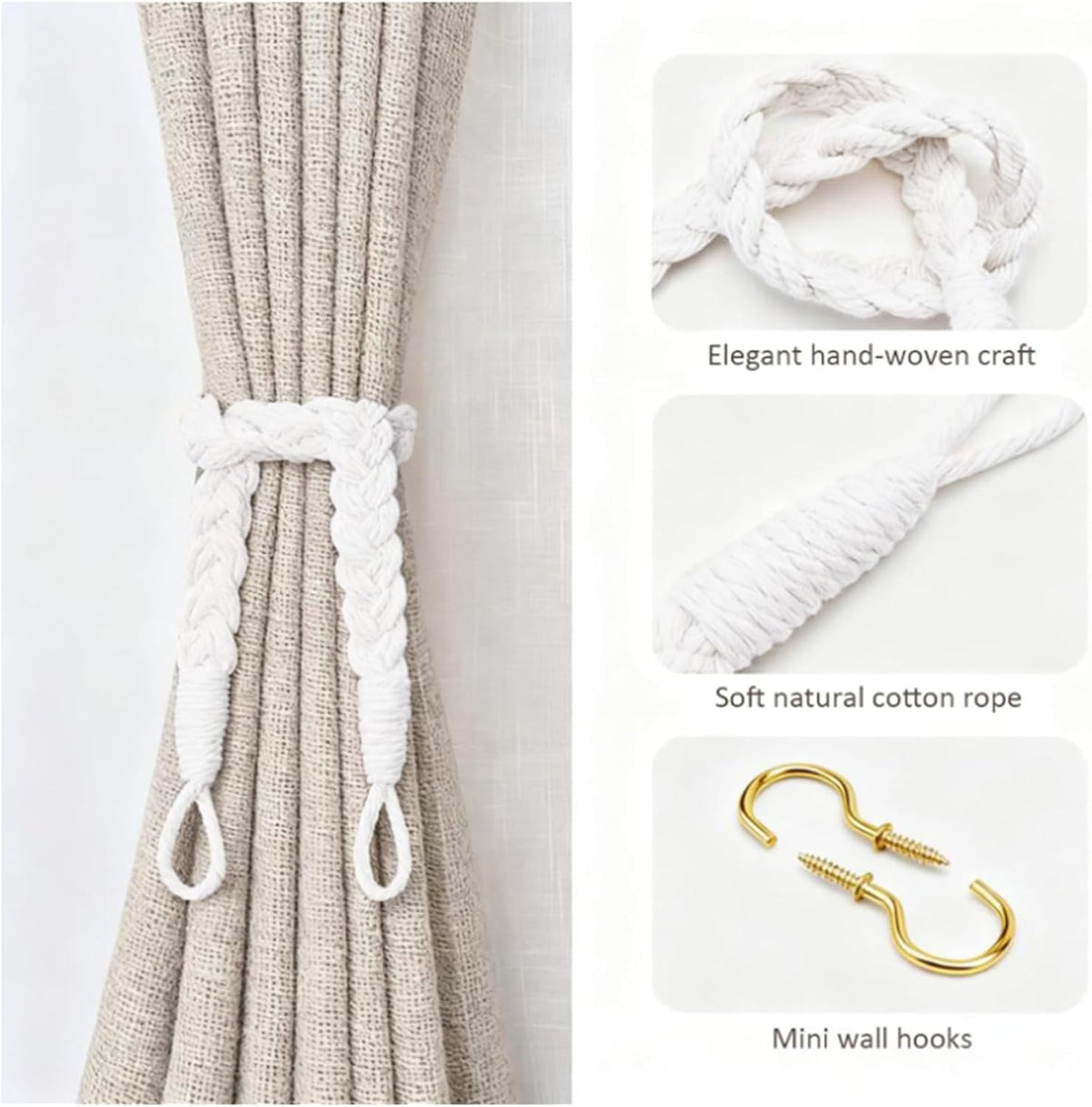 Home Queen Hand Braided Curtain Tieback, Buckle Holdback Drapery Curtain Tie Back, 2 Rope Cotton Belt Curtain Tie with 2 Metal Hooks, White