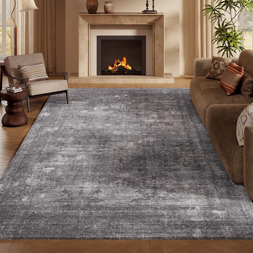 8x10 Reddish Brown Washable Area Rug for Living Room, Vintage Print