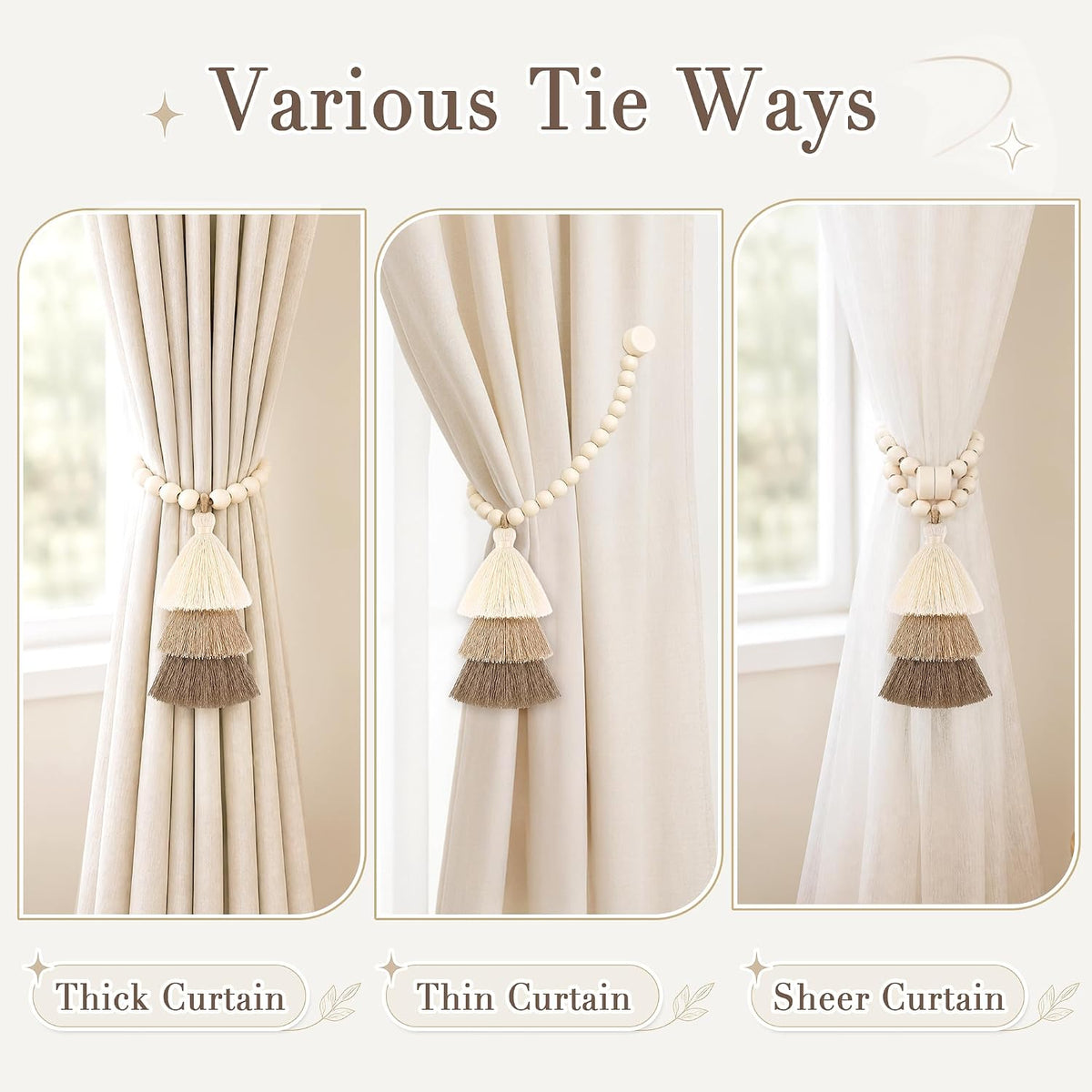 Magnetic Curtain Tiebacks, Wood Bead Curtain Holdbacks, Beige, 2 Pcs