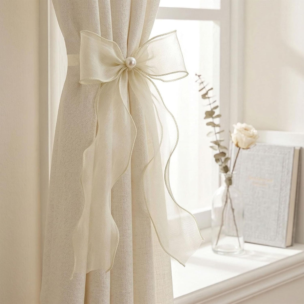 White Lace Bow Curtain Tiebacks 6-Pack, Vine Floral Curtain Holdbacks