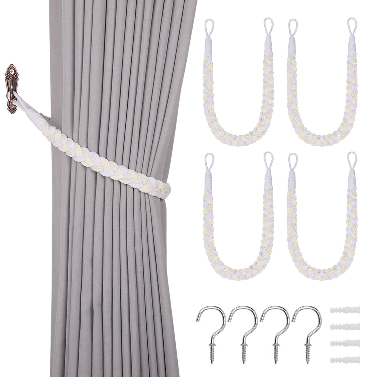 NICEEC 2 Pack Natural Cotton Rope Curtain Tiebacks Elegant Boho Style Decorative Drape Tie Backs Soft Hand-Woven Rope Curtain Holdbacks with Metal Hook for Home & Office Drapery (Coffee)