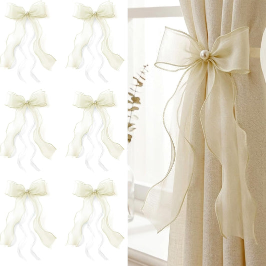 White Lace Bow Curtain Tiebacks 6-Pack, Vine Floral Curtain Holdbacks