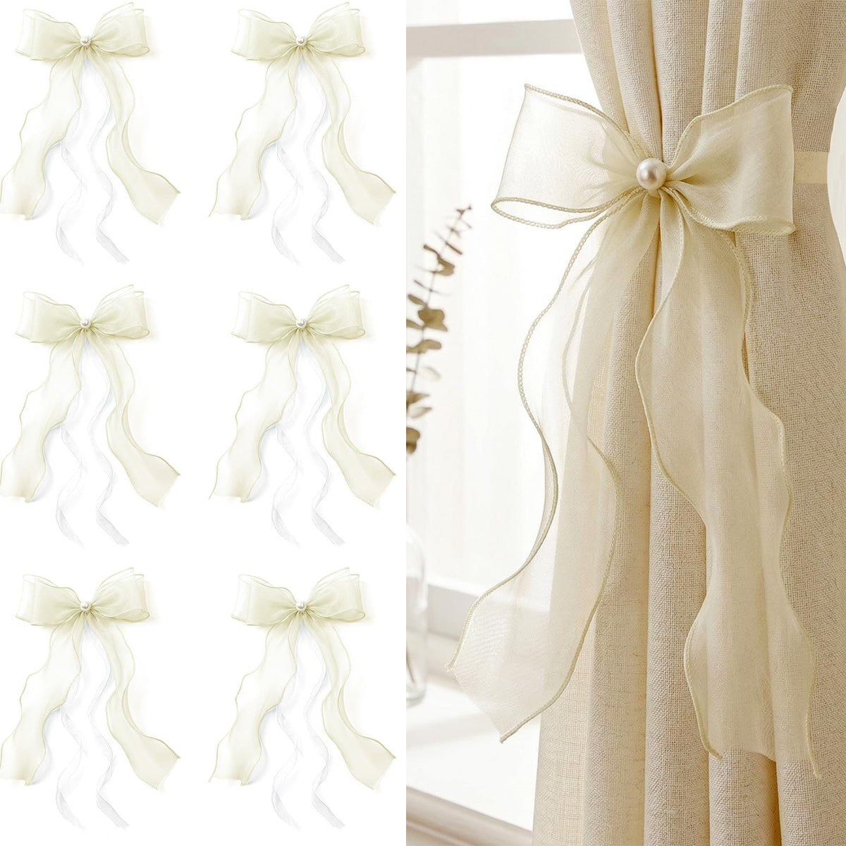 White Lace Bow Curtain Tiebacks 6-Pack, Vine Floral Curtain Holdbacks