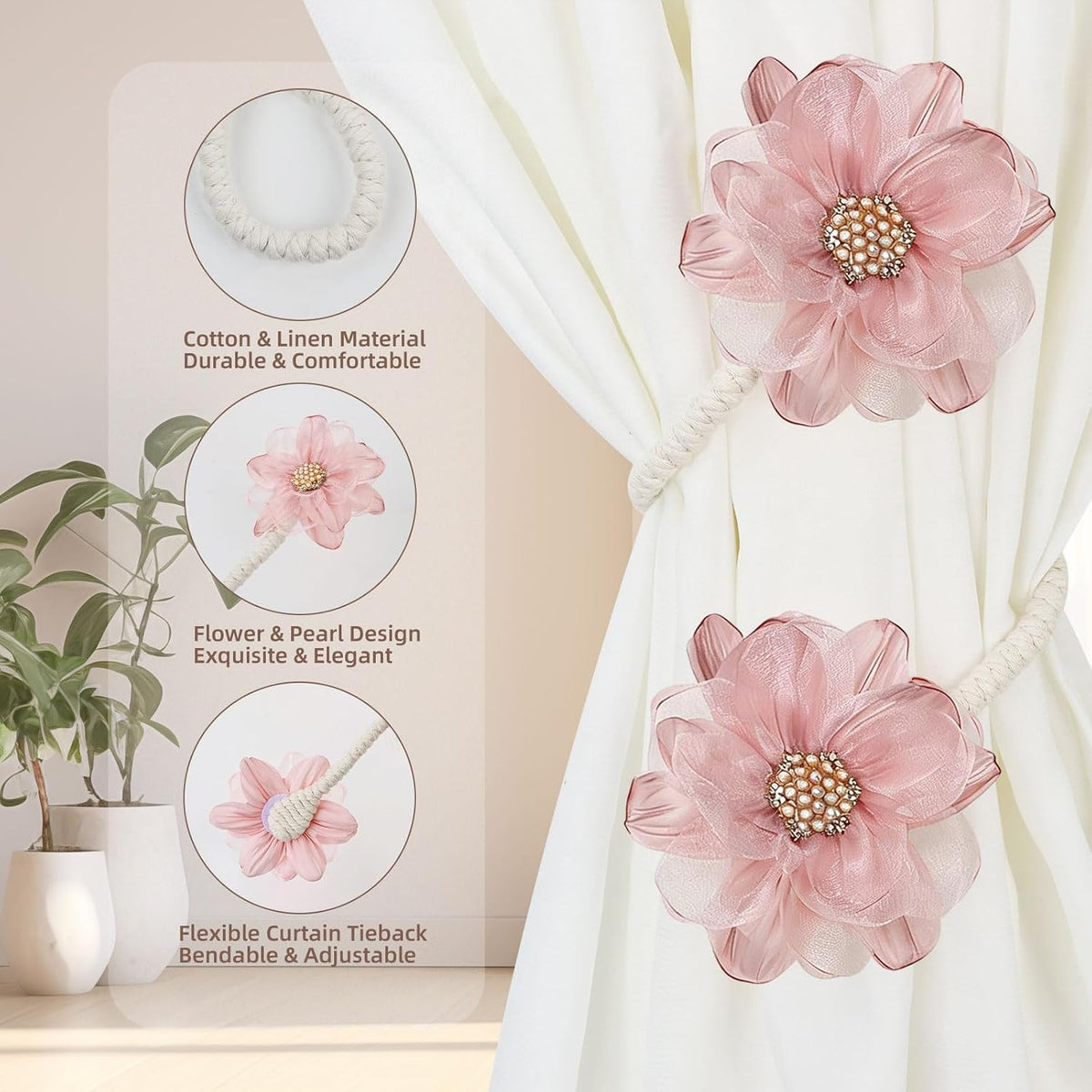 AULEEP Flower Curtain Holdbacks Tiebacks for Drapes Curtain Ties 2 Pack