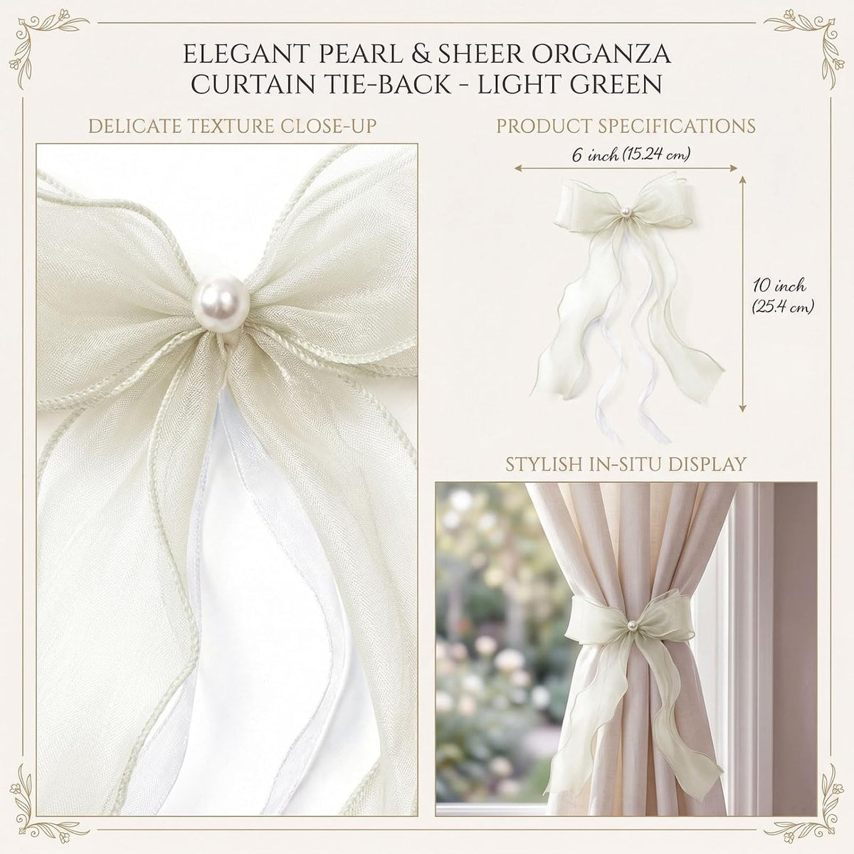 White Lace Bow Curtain Tiebacks 6-Pack, Vine Floral Curtain Holdbacks