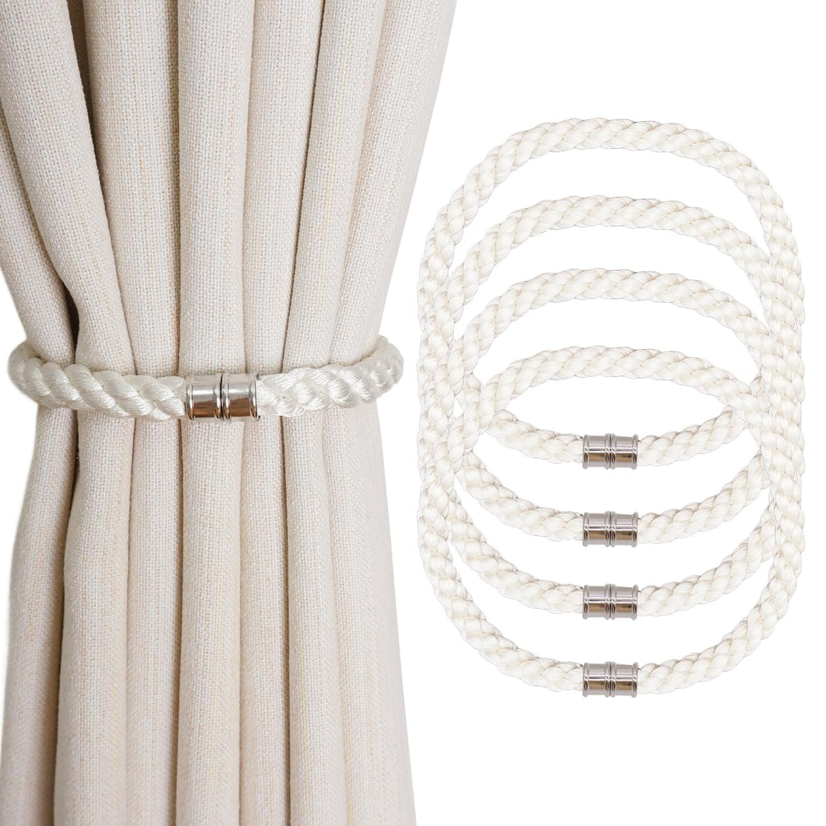Magnetic Curtain Tiebacks, 2pcs Modern Handmade Rope Curtain Tie Backs Decorative Curtain Holdbacks Holders Cord for Window Sheer Drapes Indoor Outdoor, Grey