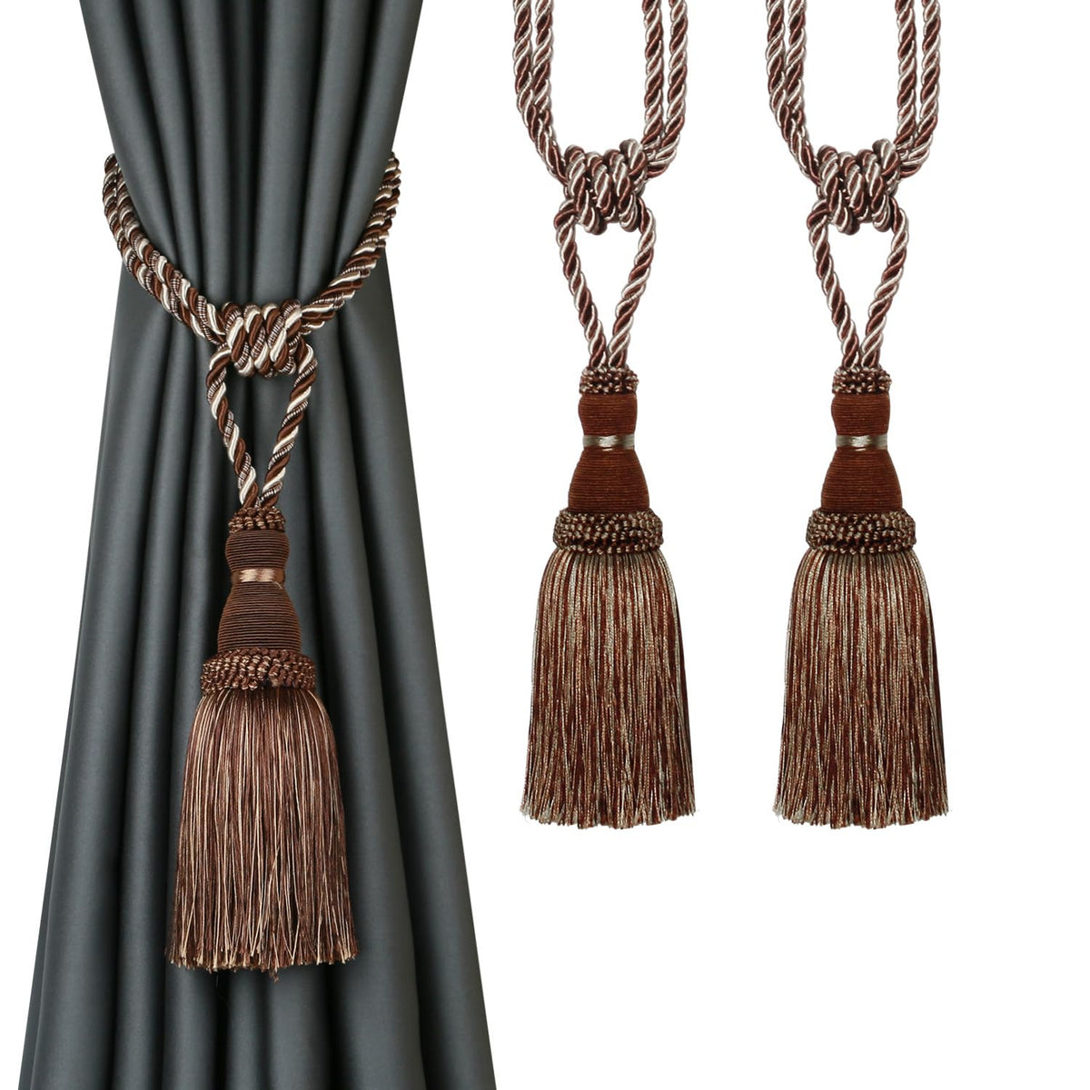 BEL AVENIR 2 Pack Curtain Tiebacks Tassel Drapery Tie-Backs Rope Holdbacks