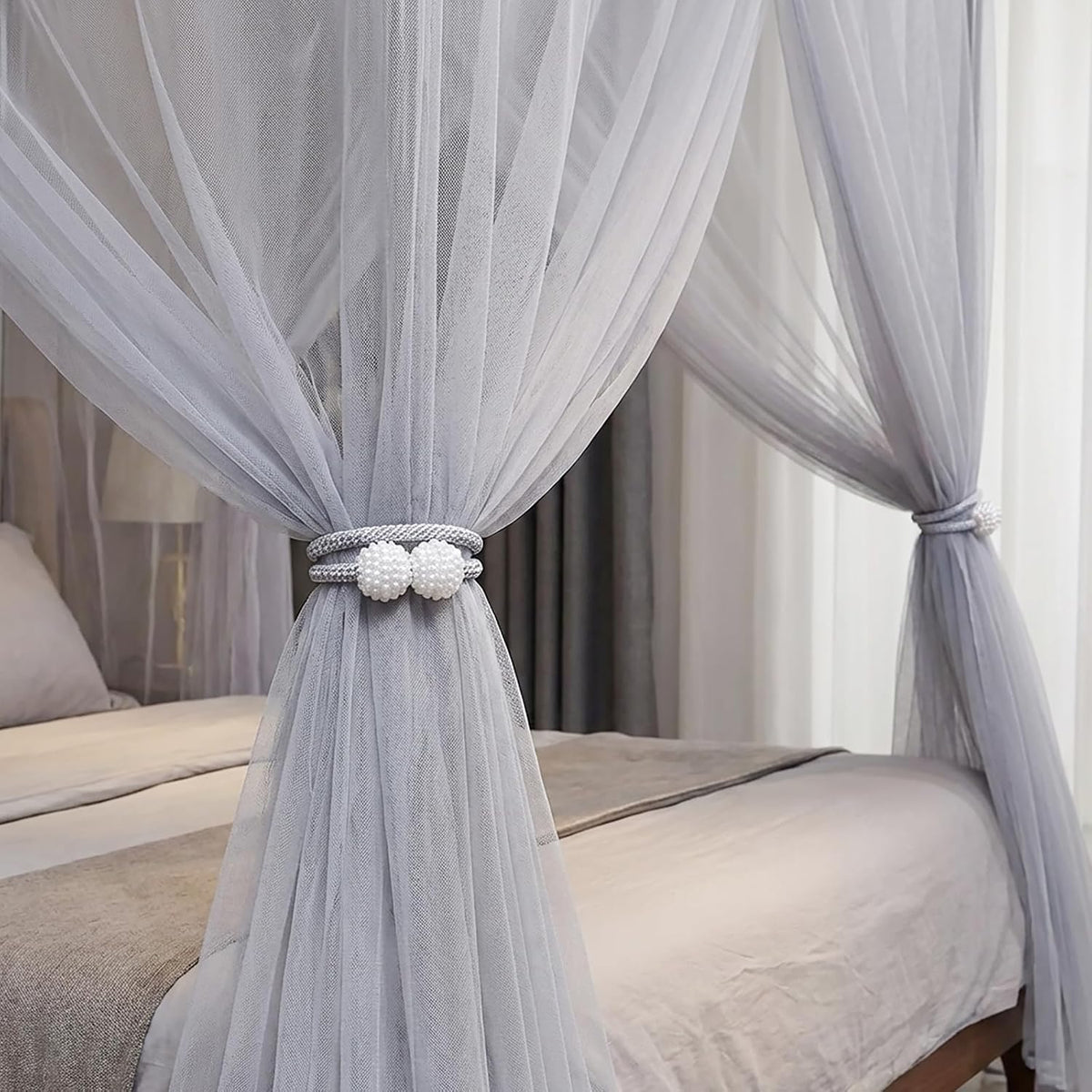 6 Pack Grey Magnetic Curtain Tiebacks with Decorative Pearl, 18.9 inch Curtain Holdbacks for Drapes, Strong Magnet Curtain Holders for Window Treatments, Home and Office Decor