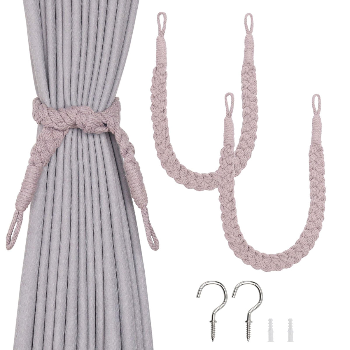 NICEEC 2 Pack Natural Cotton Rope Curtain Tiebacks Elegant Boho Style Decorative Drape Tie Backs Soft Hand-Woven Rope Curtain Holdbacks with Metal Hook for Home & Office Drapery (Coffee)
